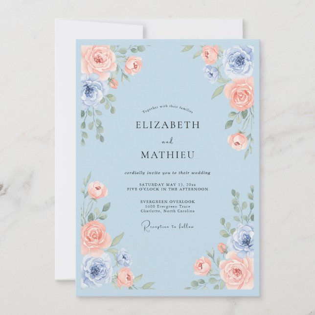 Invitation Rose de mariage bleu ciel serein (Devant)