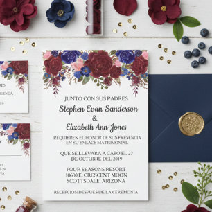 Invitation Rose de mariage espagnol Bourgogne marine aquarell