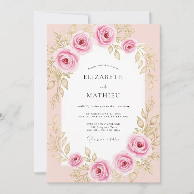 Invitation Rose de mariage exquise rose tendre (Devant)