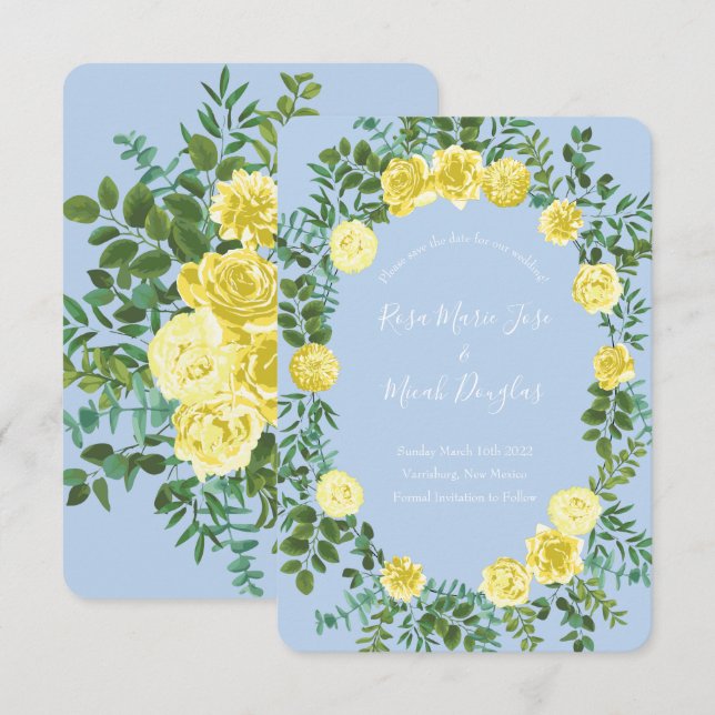 Invitation Rose de mariage jaune clair et bleu pâle, date de  (Devant / Derrière)