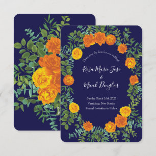 Invitation Rose de mariage orange et bleu marine Date de sauv