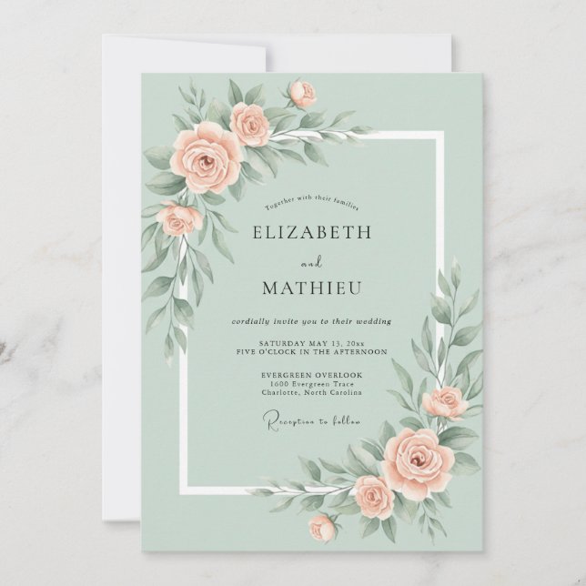 Invitation Rose de mariage romantique vert menthe (Devant)