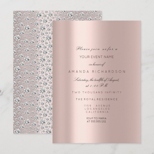 Invitation Rose de mariée 16ème rose pastel diamant (Devant / Derrière)