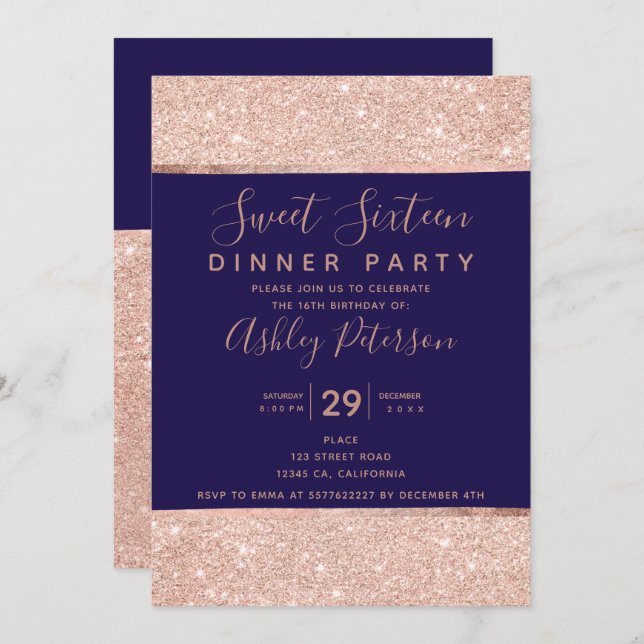 Invitation Rose de marine parties scintillant d'or typographi (Devant / Derrière)