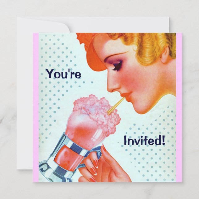 Invitation rose de milkshake des rétros années (Devant)