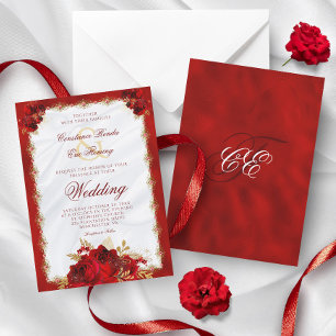 Invitation Rose de monogramme Elégant or rouge Mariage formel