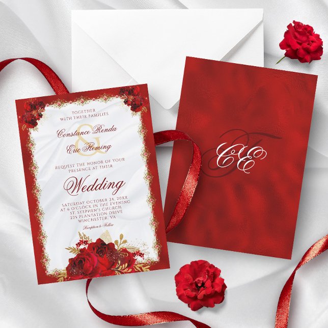 Invitation Rose de monogramme Elégant or rouge Mariage formel (Créateur téléchargé)