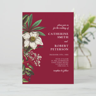 Invitation Rose de Noël Elégant Bourgogne moderne Mariage