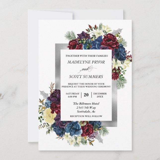 Invitation Rose de Noël hivernale Fleurs de mariage à l'aquar (Devant)