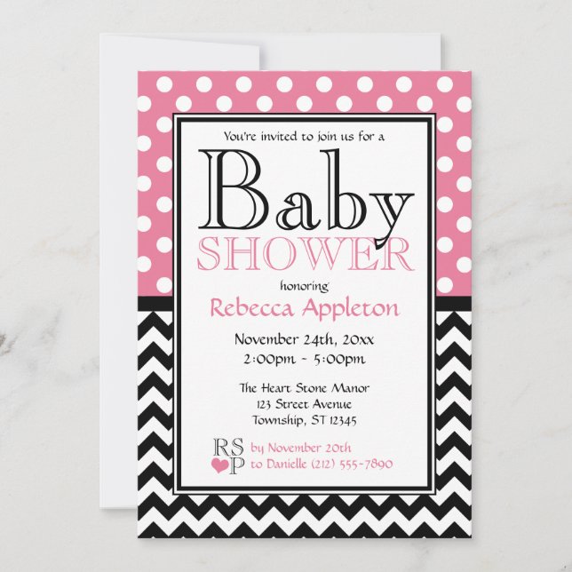 Invitation Rose de point de polka et baby shower de Chevron (Devant)
