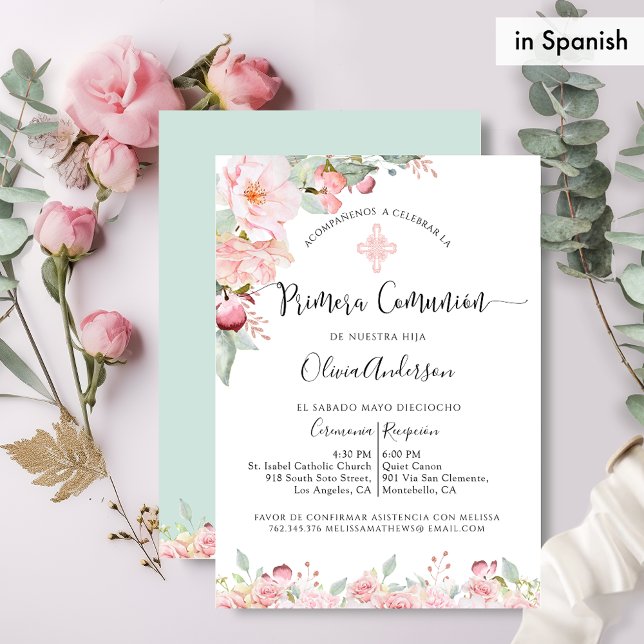 Invitation Rose de première communion d'Espagne Or, Mint Flor (Créateur téléchargé)