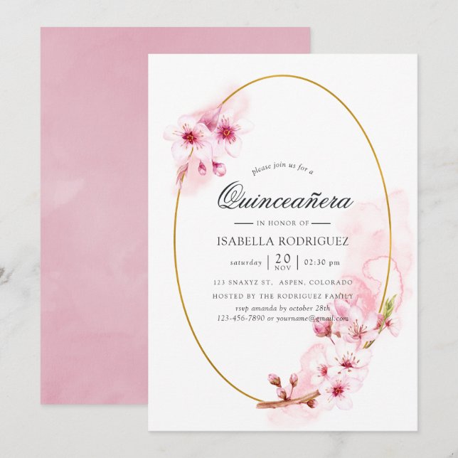 Invitation Rose de printemps Cerisier Fleur de Quinceañera (Devant / Derrière)