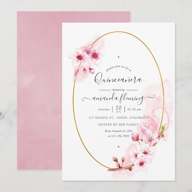Invitation Rose de printemps Cerisier Fleur de Quinceañera (Devant / Derrière)