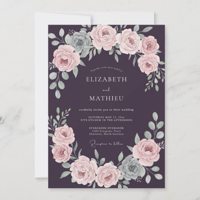 Invitation Rose de Prunellier Ranunculus Eucalyptus Mariage (Devant)