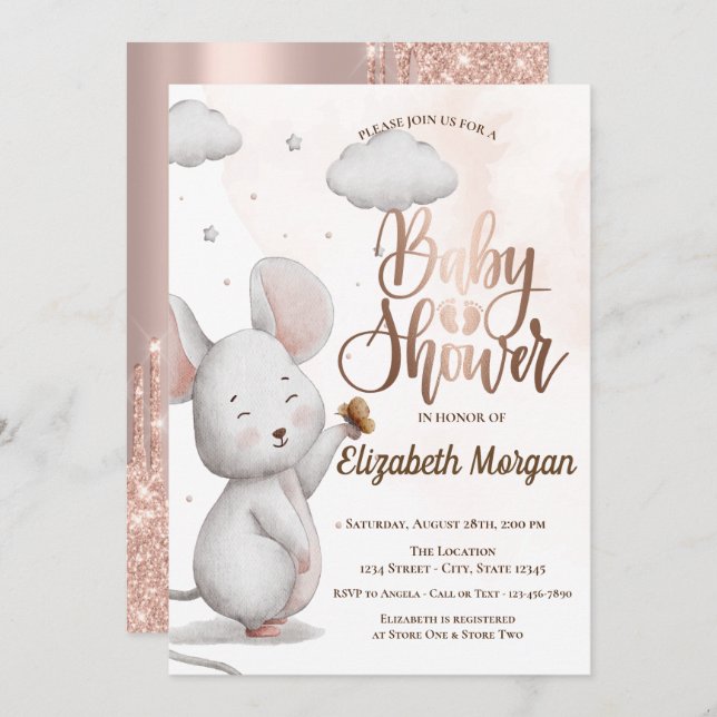Invitation Rose de souris mou Parties scintillant or  Baby sh (Devant / Derrière)