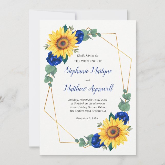 Invitation Rose de tournesol bleu Mariage géométrique (Devant)