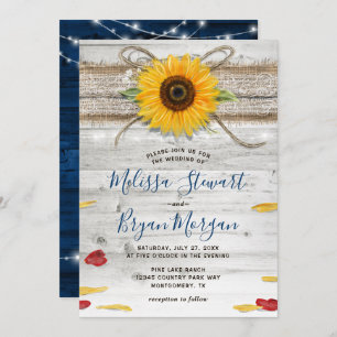 Invitation Rose de tournesol bleu marine dentelle en bois Mar