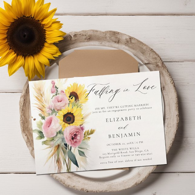 Invitation Rose de tournesol Boho Peony Pampas (fall engagement party invitation rustic sunflower rose peony boho pampas dry grass watercolor chic)
