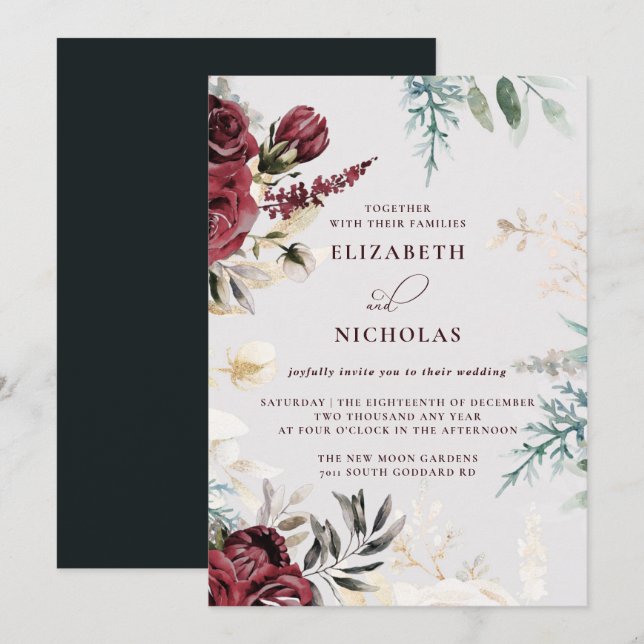 Invitation Rose de velours foncé bordeaux | Mariage d'hiver d (Devant / Derrière)