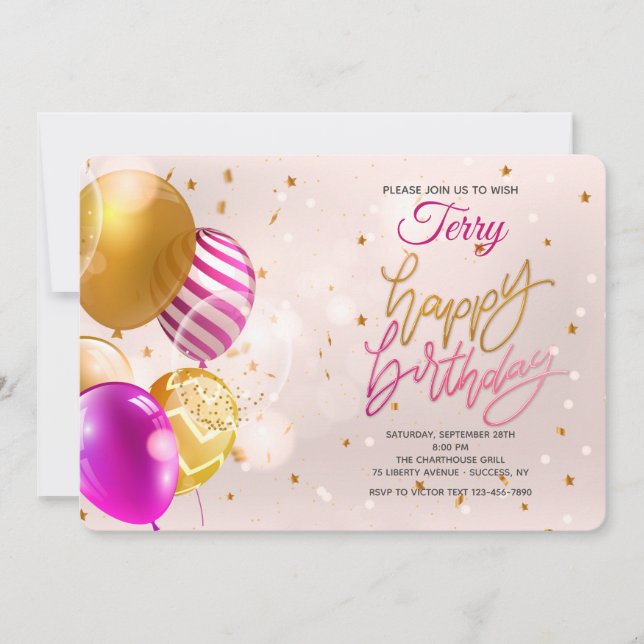 Invitation rose des ballons d'anniversaire (Devant)