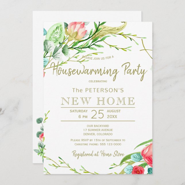 Invitation Rose d'été jardin élégant chic nouvelle maison fêt (Devant / Derrière)