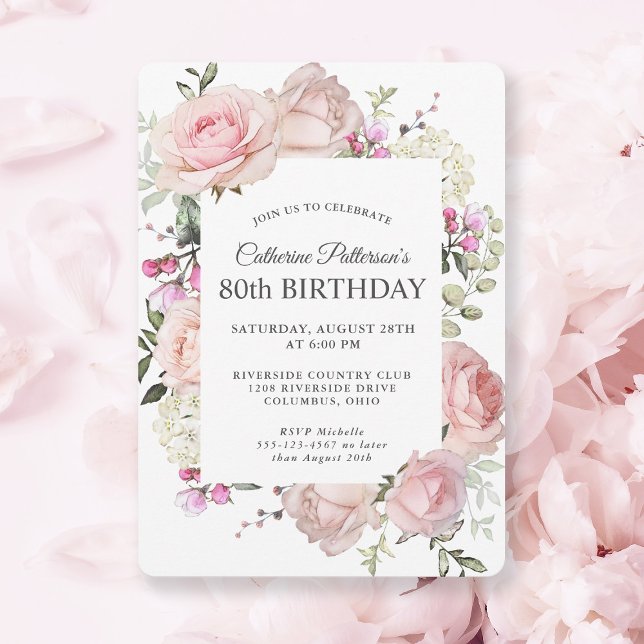 Invitation Rose d'été Jardin Floral 80e fête d'anniversaire (This invitation is available as a digital download or printed invitation!)