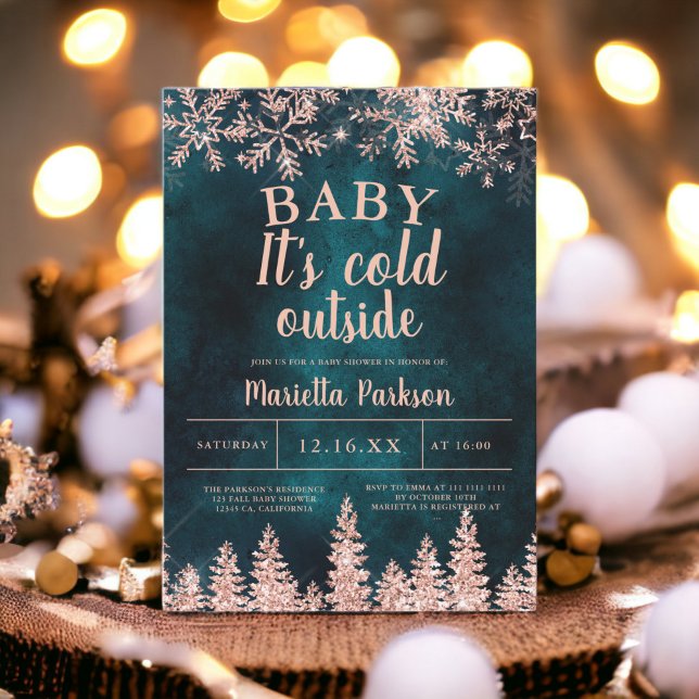 Invitation Rose d'hiver baby shower de pin de neige (Winter rose gold snow pine baby shower invitation)
