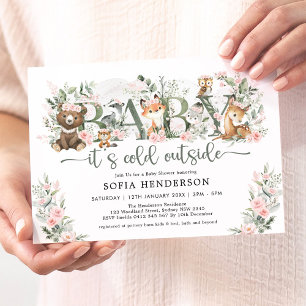 Invitation Rose d'hiver Woodland Animaux Baby shower fille