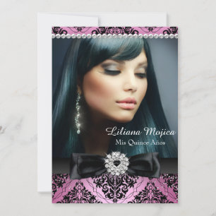 Invitation Rose Diamant Noir Nœud & Damassé Quinceanera