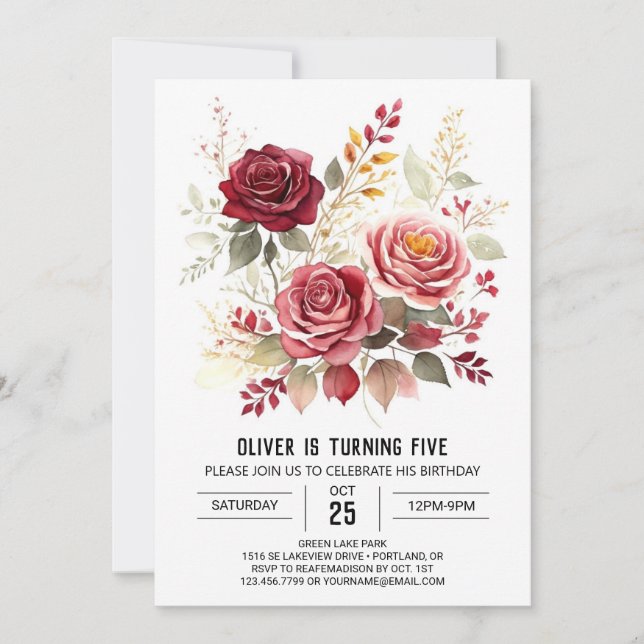 Invitation Rose Digital Bourgogne Floral Anniversaire (Devant)