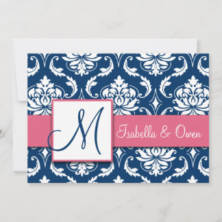 Invitation Rose d'invitation de monogramme de damassé de bleu