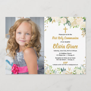 Invitation rose d'or blanc floral Première communion sainte