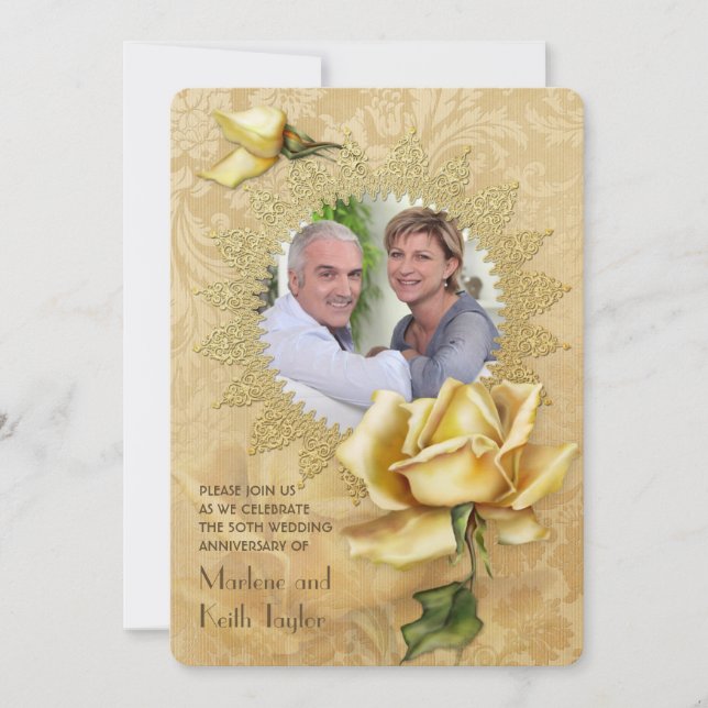 Invitation Rose d'or Damask 50e anniversaire de mariage (Devant)