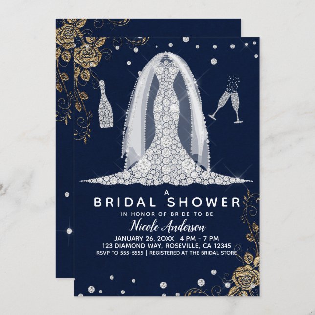 Invitation Rose d'or Mariage Diamond Fête des mariées bleu (Devant / Derrière)