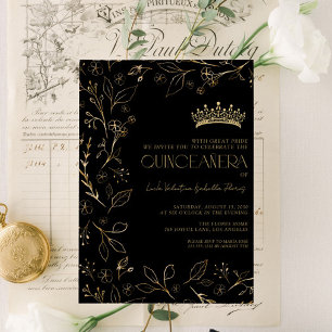 Invitation Rose d'or noir moderne Floral Tiara Quinceañera