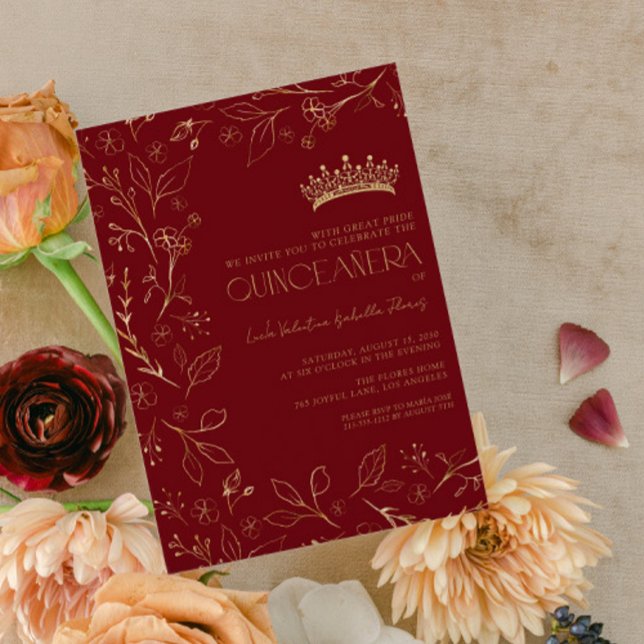 Invitation Rose d'or rouge moderne Floral Tiara Quinceañera (Créateur téléchargé)