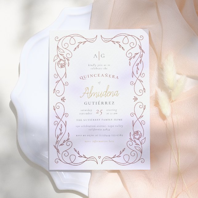 Invitation Rose doré cadre or élégant Quinceañera Photo (Créateur téléchargé)