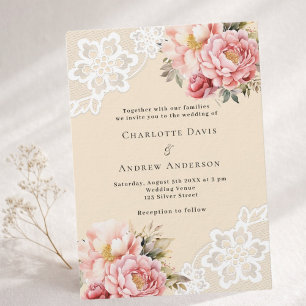 Invitation Rose doré floral dentelle beige rose mariage de lu