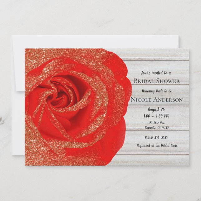 Invitation Rose doré rouge pailleté Bois blanc shabby chic (Devant)