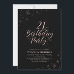 Invitation Rose Doré | Typographie moderne 21e fête d'anniver<br><div class="desc">Fêtons le 21ème anniversaire avec cette invitation élégante à la fête. Ce design présente une typographie rose en or chic sur le devant et des graphismes étincelants avec une photo sur le dos. Remplacez l'exemple de photo par le vôtre ou supprimez-le si vous ne le voulez pas. La couleur de...</div>