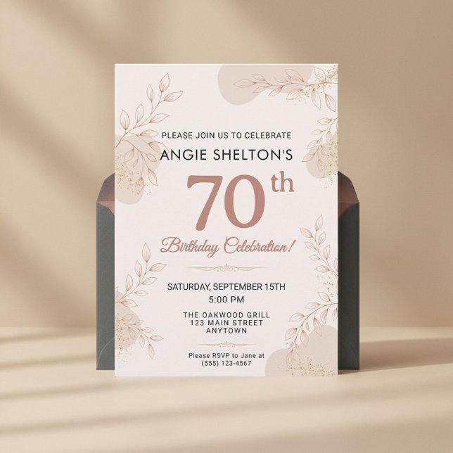Invitation Rose Dorée Élégante Botanique 70e Anniversaire (Créateur téléchargé)