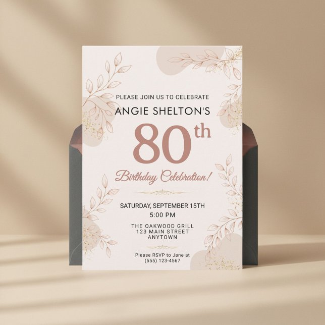 Invitation Rose Dorée Élégante Botanique 80 Ans Anniversaire (Créateur téléchargé)
