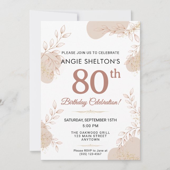 Invitation Rose Dorée Élégante Botanique 80 Ans Anniversaire (Devant)