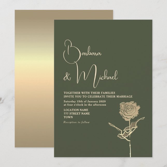 Invitation Rose Dorée Sage Vert Élégant Mariage (Devant / Derrière)