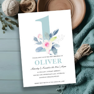 Invitation ROSE DOUCE BLEU BLEU FLORAL 1er TOUT ÂGE ANNIVERSA