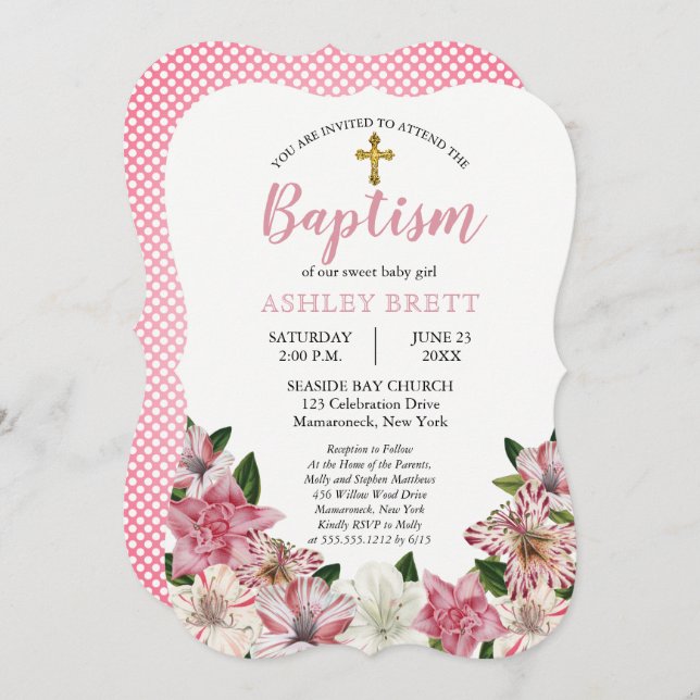 Invitation Rose doux | Baptême floral Vintage blanc (Devant / Derrière)