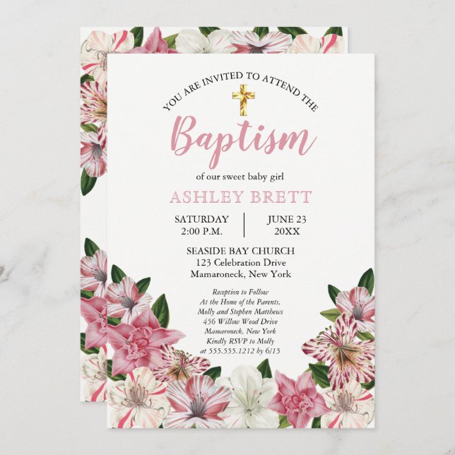 Invitation Rose doux | Baptême floral Vintage blanc (Devant / Derrière)