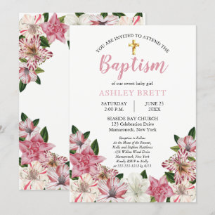 Invitation Rose doux   Baptême floral Vintage blanc