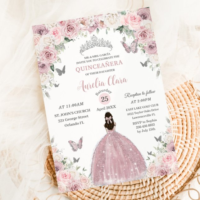 Invitation Rose doux Floral Princesse Quinceañera XV 16 (Créateur téléchargé)