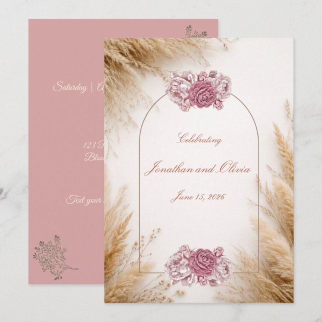 Invitation Rose du désert Mariage Luxe (Devant / Derrière)